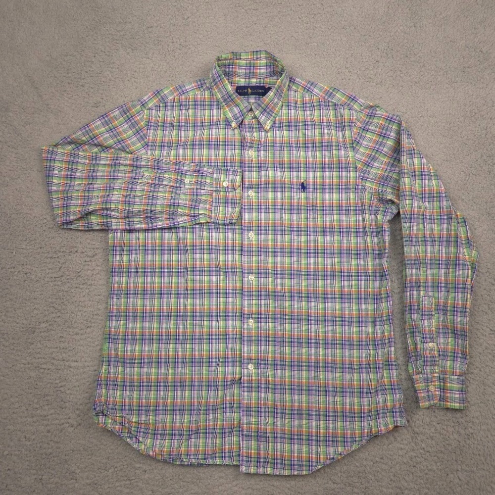 Ralph Lauren Mens Large Plaid Button Down Shirt Green Purple Pony Casual